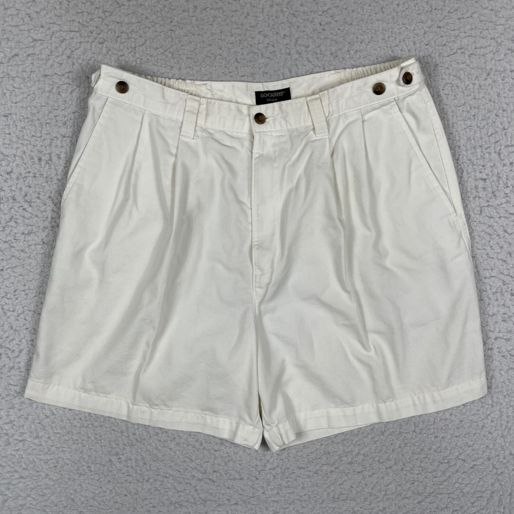 Dockers Khaki Shorts Mens 36 White Pleated Elastic Waist Vintage Chino 6 Inseam